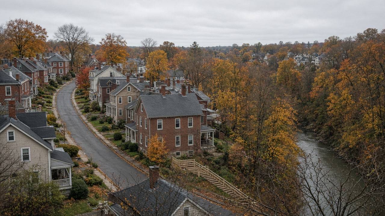 Elevated view of brick hillside homes beside a wooded river gorge under autumn foliage