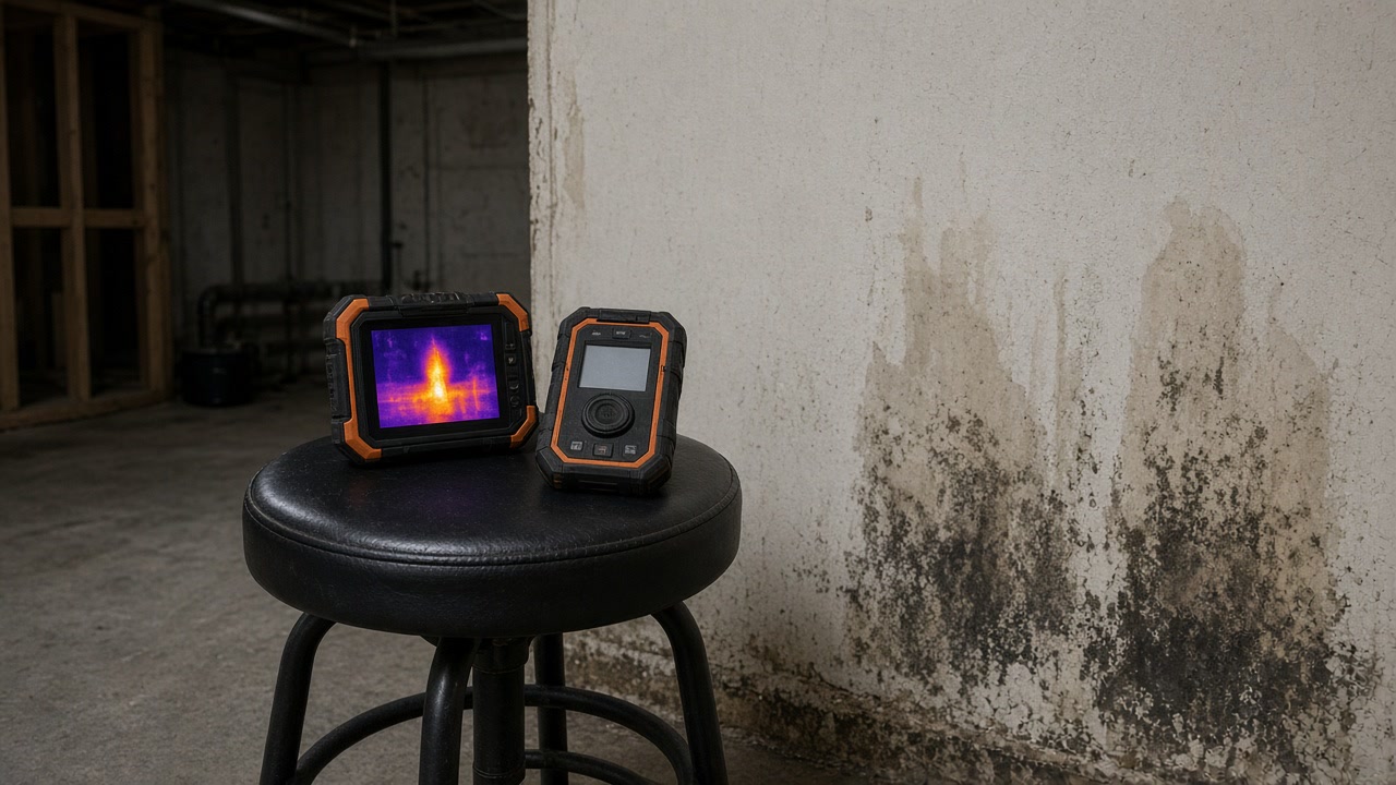 Thermal camera and moisture meter on a stool beside a mold-stained basement wall
