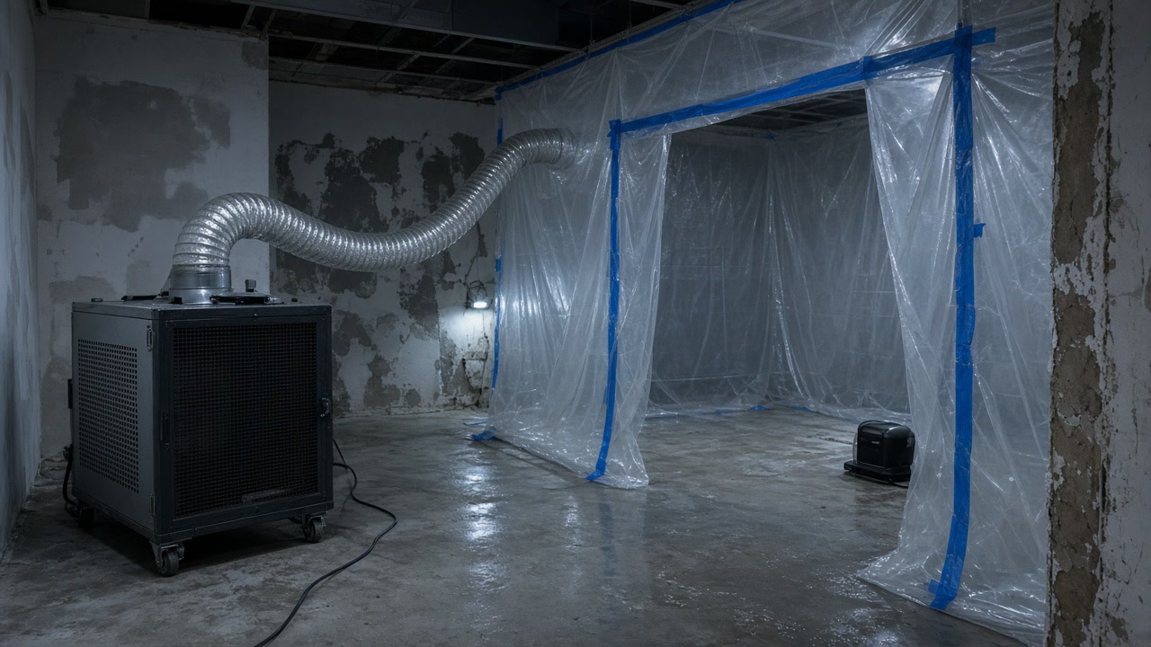 Air scrubber ducted into a blue-taped poly containment zone in an unfinished interior