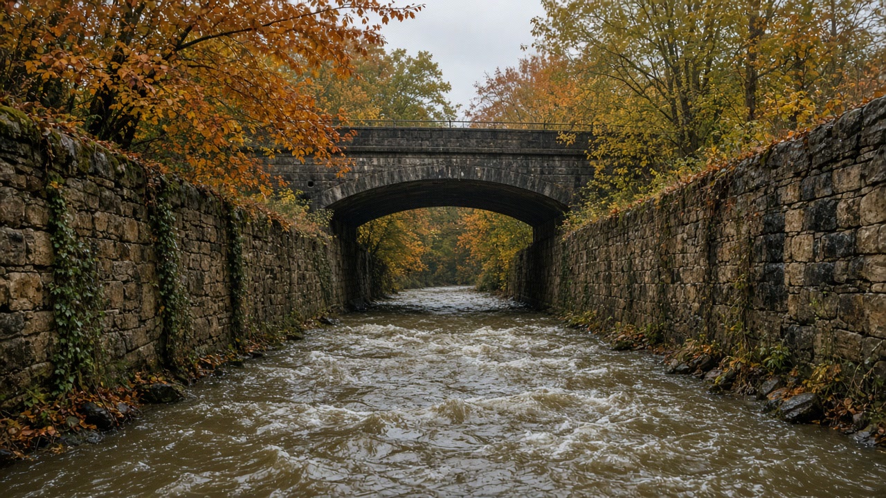 High water in a stone-walled river under an arch bridge with autumn foliage along the banks