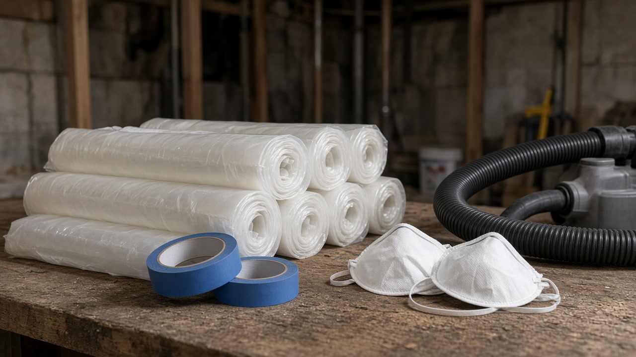 N95 masks, blue tape, rolled poly sheeting and a black vacuum hose on a basement workbench