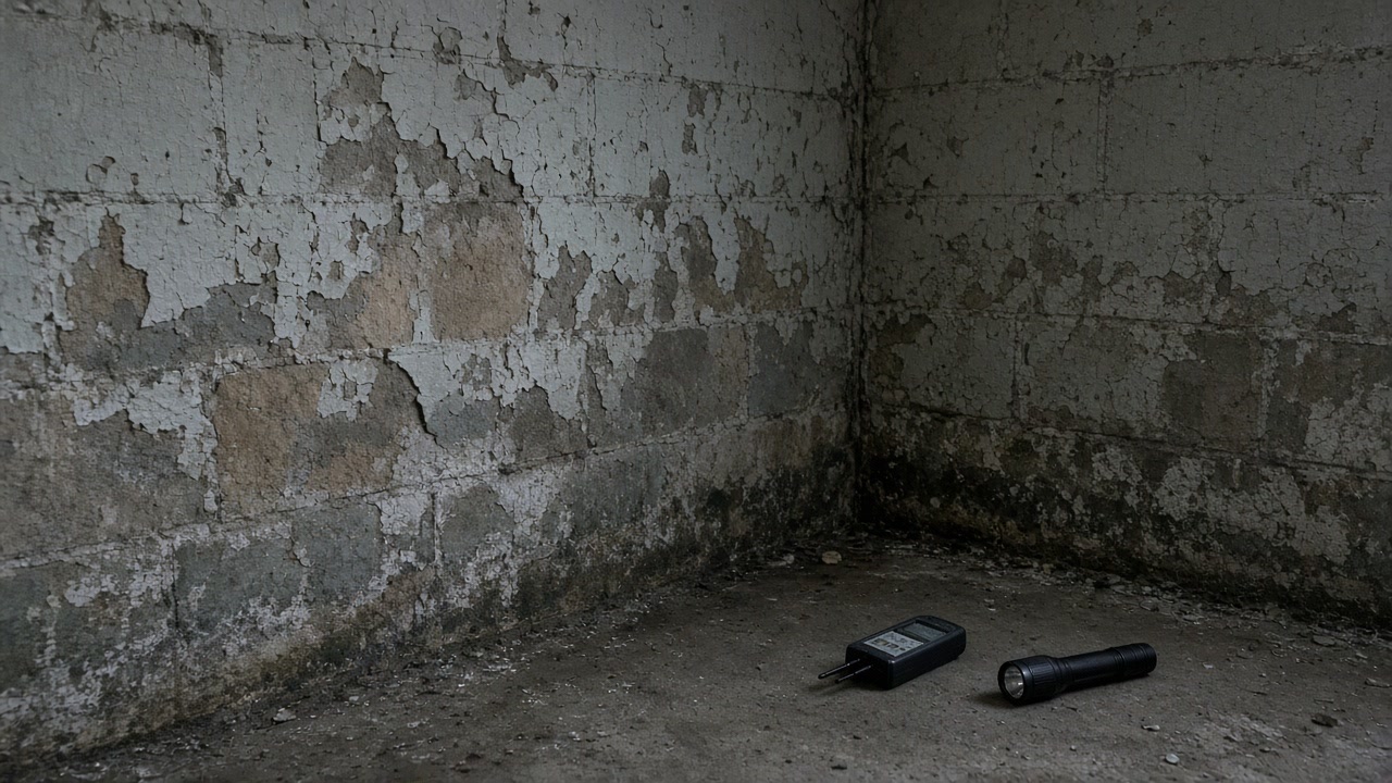 Peeling paint and dark staining on a basement cinder-block corner with moisture meter and flashlight on the floor