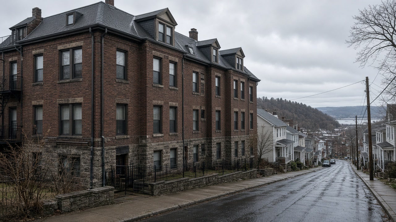 Brick multifamily with stone foundation on a wet sloping Yonkers street overlooking the river corridor