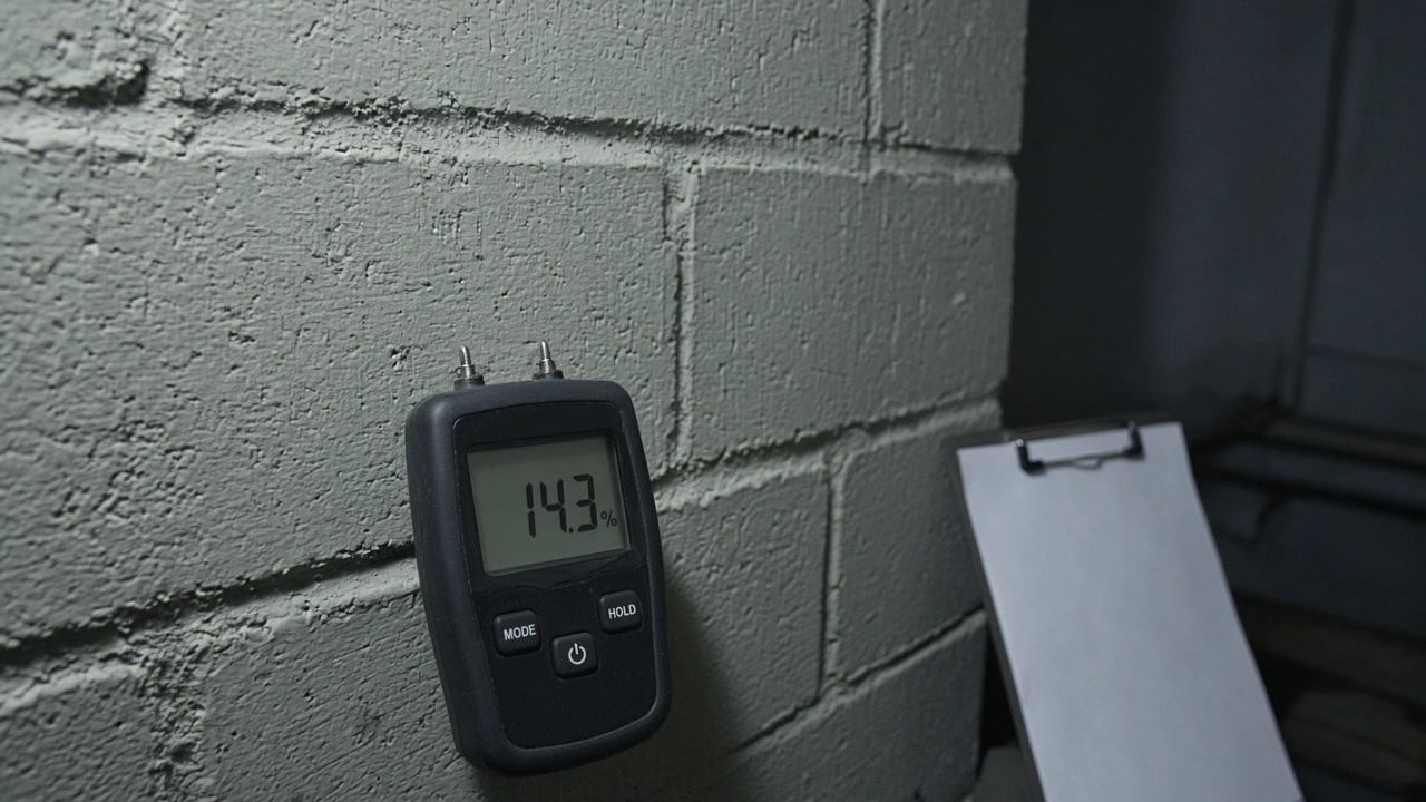 Pin moisture meter reading 14.3 percent on a painted cinder-block basement wall beside a clipboard