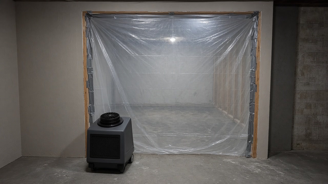Clear poly containment taped over a doorway with an industrial air scrubber on the concrete floor