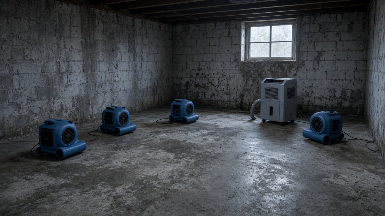 Blue air movers and a gray dehumidifier drying a stained unfinished basement with open joists